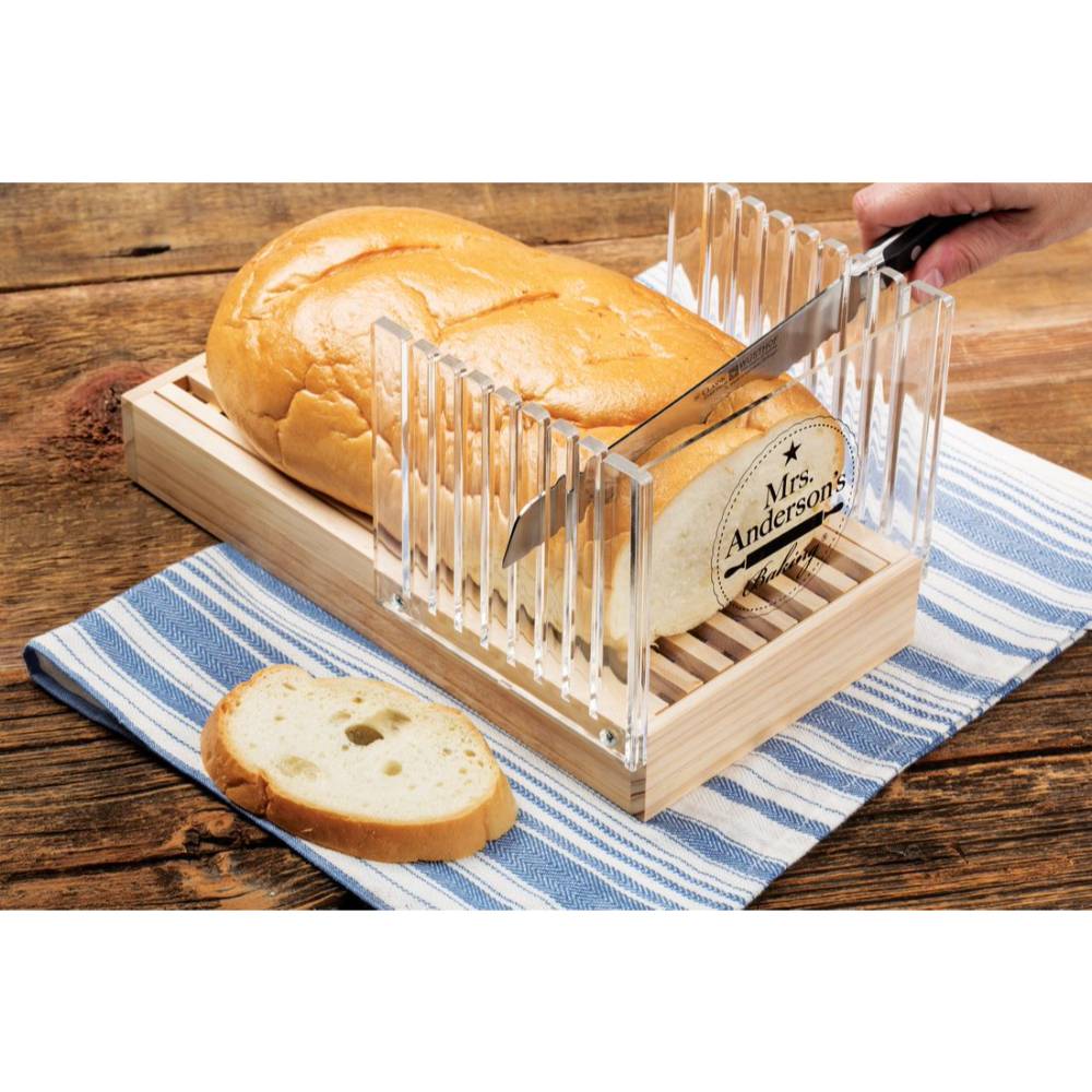 Wood base and clear acrylic guide with vertical slots for even bread slices in kitchenware and cooking utensils collections