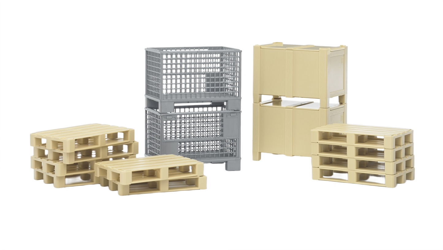 Set of beige plastic pallets and gray stackable crates for miniature logistics and transportation play sets