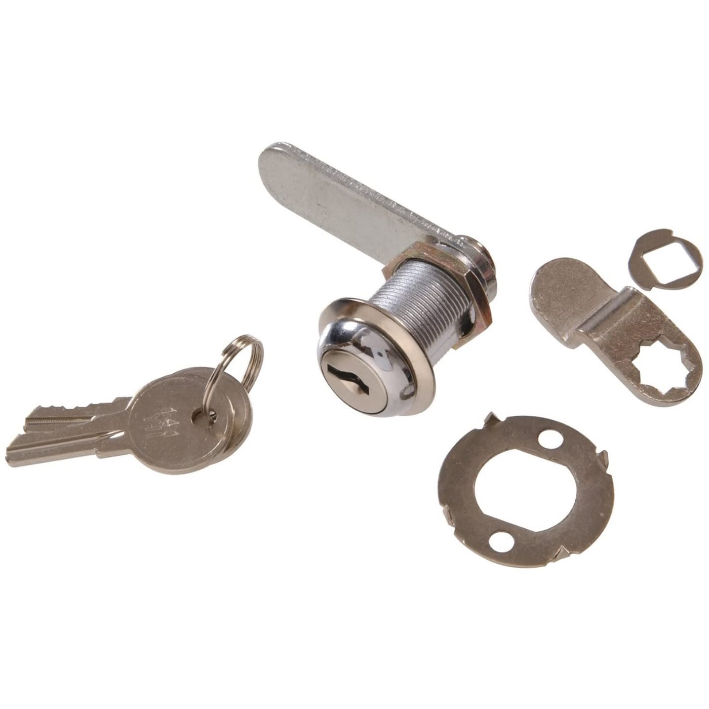 Brass utility cam lock set with keys, latch, and mounting hardware for cabinet and drawer security in home improvement.
