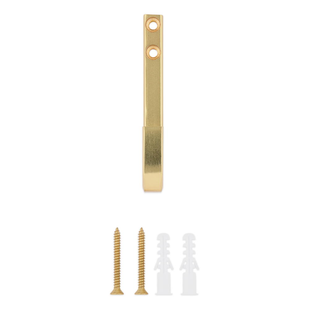 Brushed gold modern metal hook with two mounting holes and included screws for storage and organization projects under $50