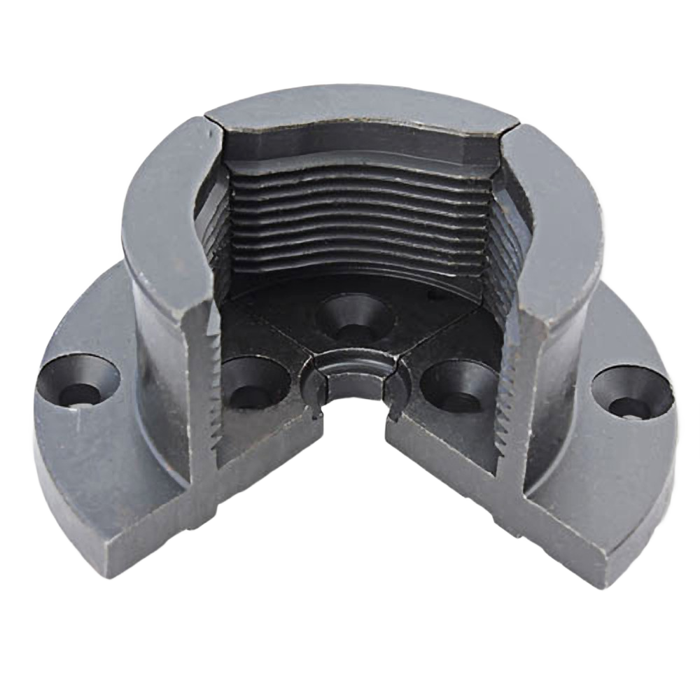 Profiled steel tower jaws with threaded interior and mounting holes, designed for woodworking tools and home improvement use