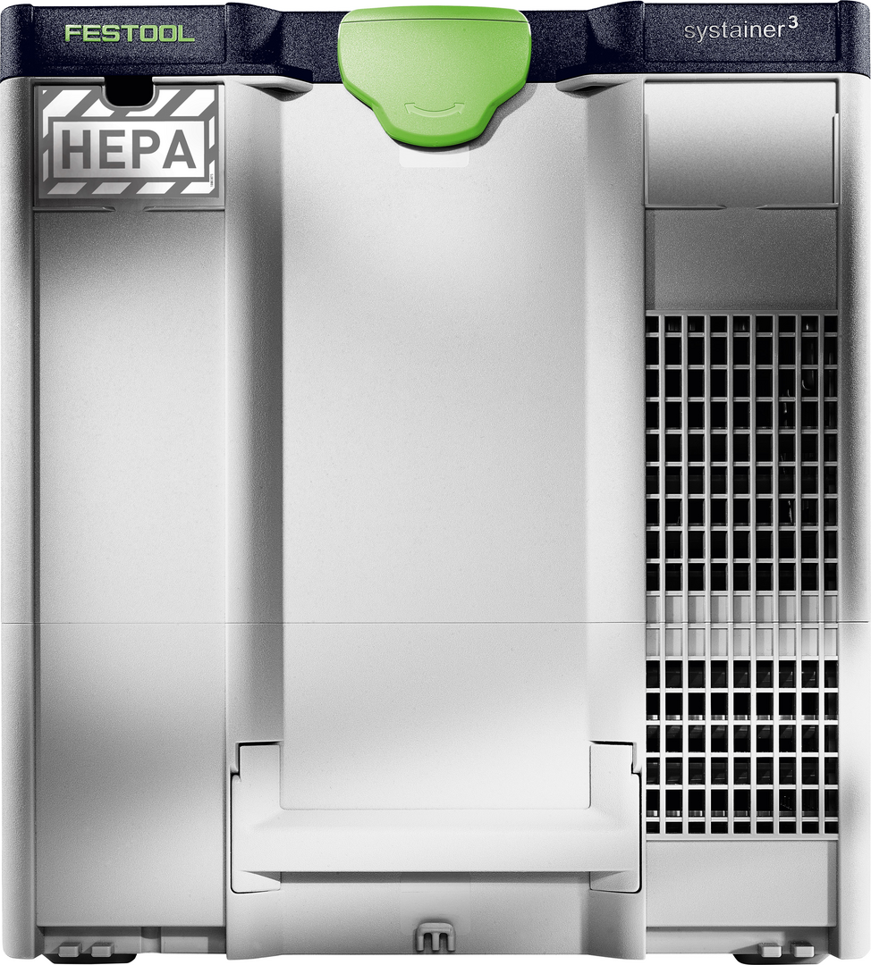 Compact Festool air filter system in gray with green latch and HEPA label for dust control in home improvement projects