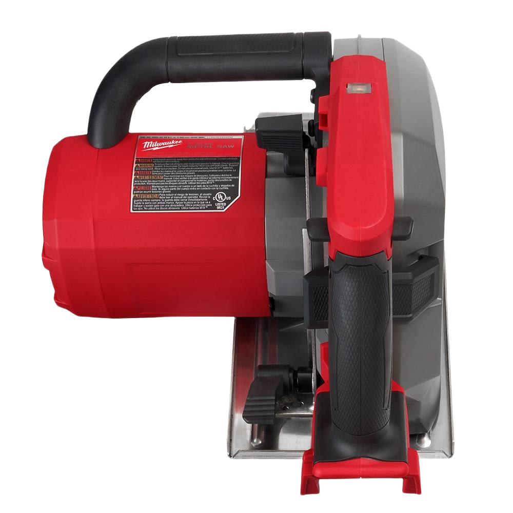 Top view of a red and gray Milwaukee M18 cordless metal cutting circular saw in power tools collection