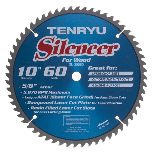 10-inch steel circular wood blade with 60 teeth, designed for reduced vibration and clean cutting in woodworking tools.