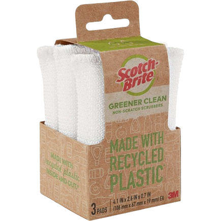 Three white non-scratch scrubbers made with recycled plastic in eco-friendly cleaning tools under $50 collection