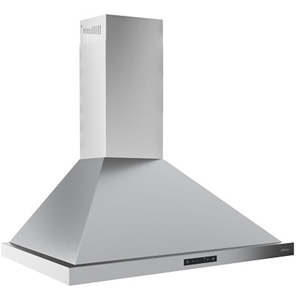 Stainless steel wall-mounted chimney hood with digital controls and LED lighting from kitchen and appliance collection