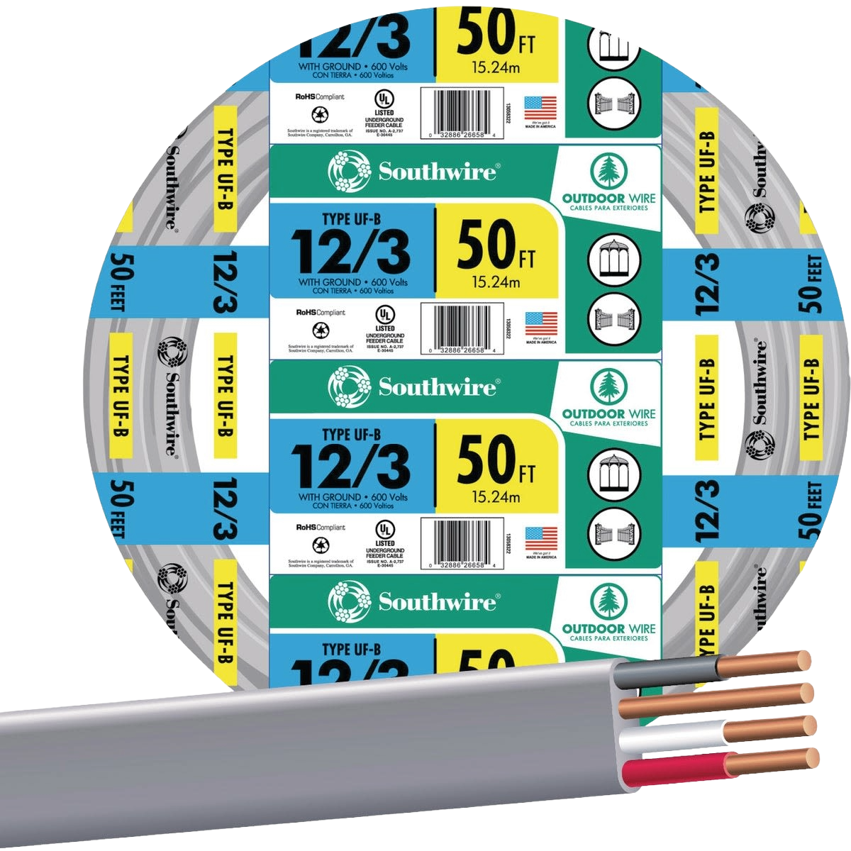 Gray outdoor electrical wire with three copper conductors and packaging labels showing specifications and length