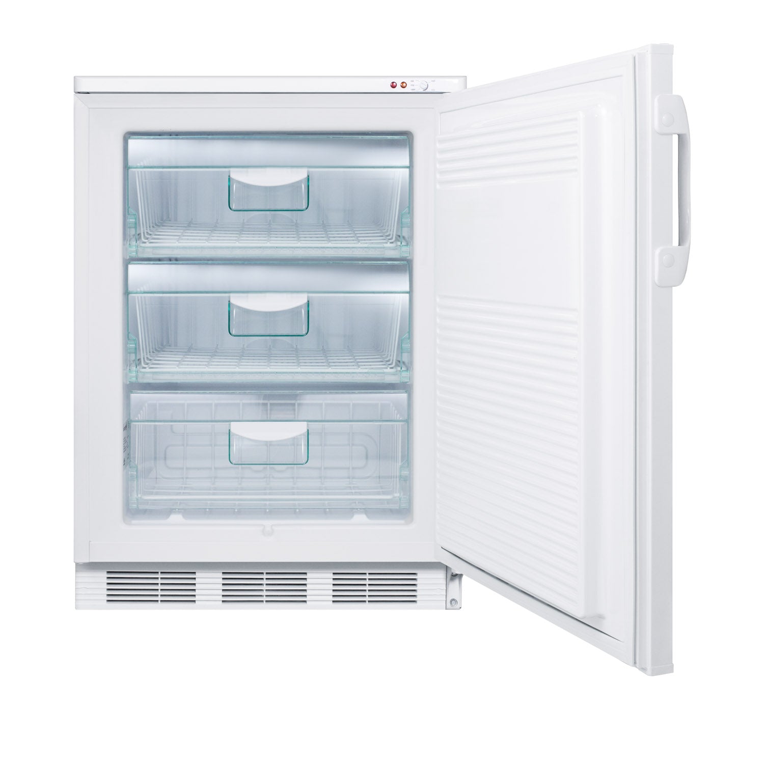 White 24-inch wide all-freezer with open door showing three transparent storage drawers in kitchen appliances collection