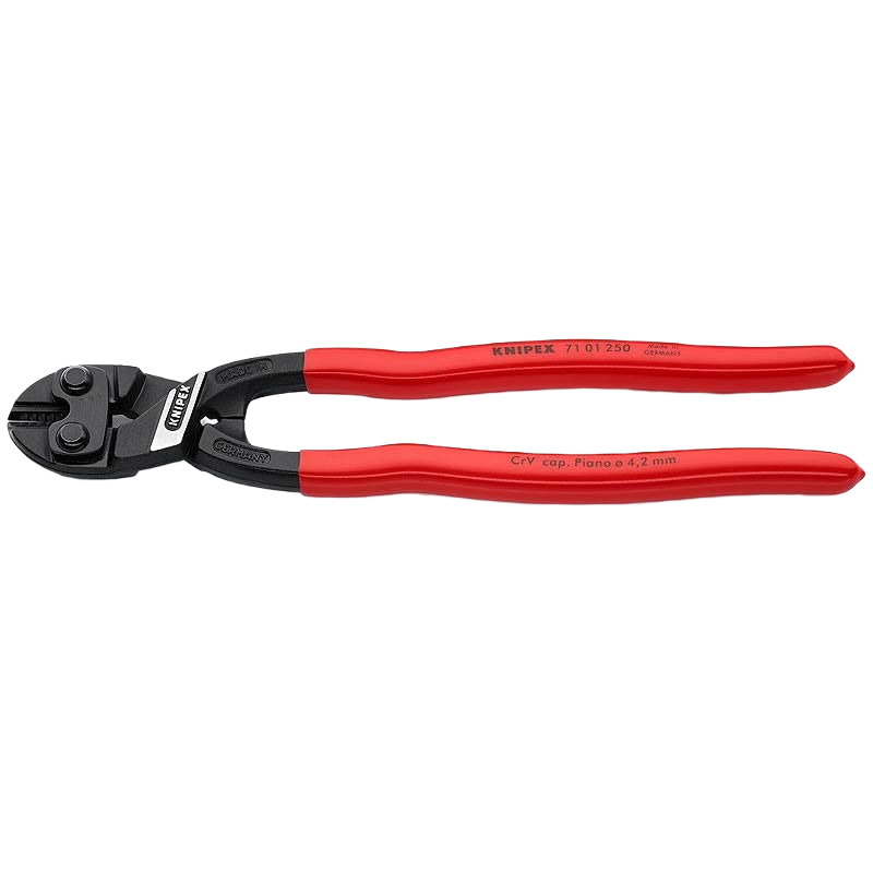 Compact bolt cutter with red ergonomic handles and black cutting head for tools and home improvement use