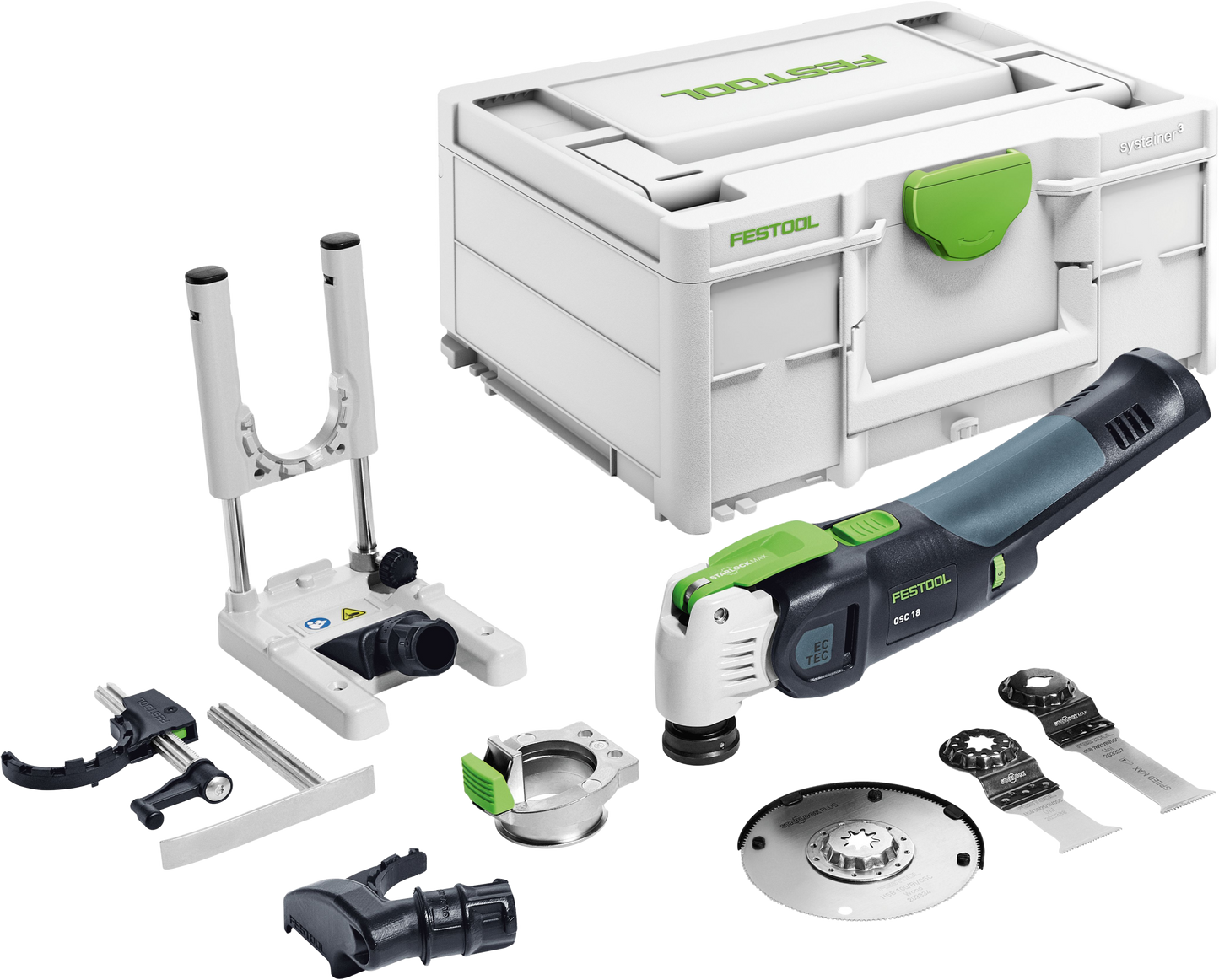 Cordless oscillating multi-tool kit with green and black handle, assorted blades, attachments, and storage case for home improvement.