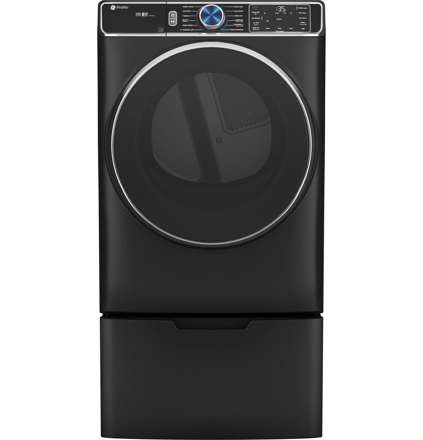 Black front-load dryer with digital controls atop a matching pedestal from Appliance Parts & Accessories collection