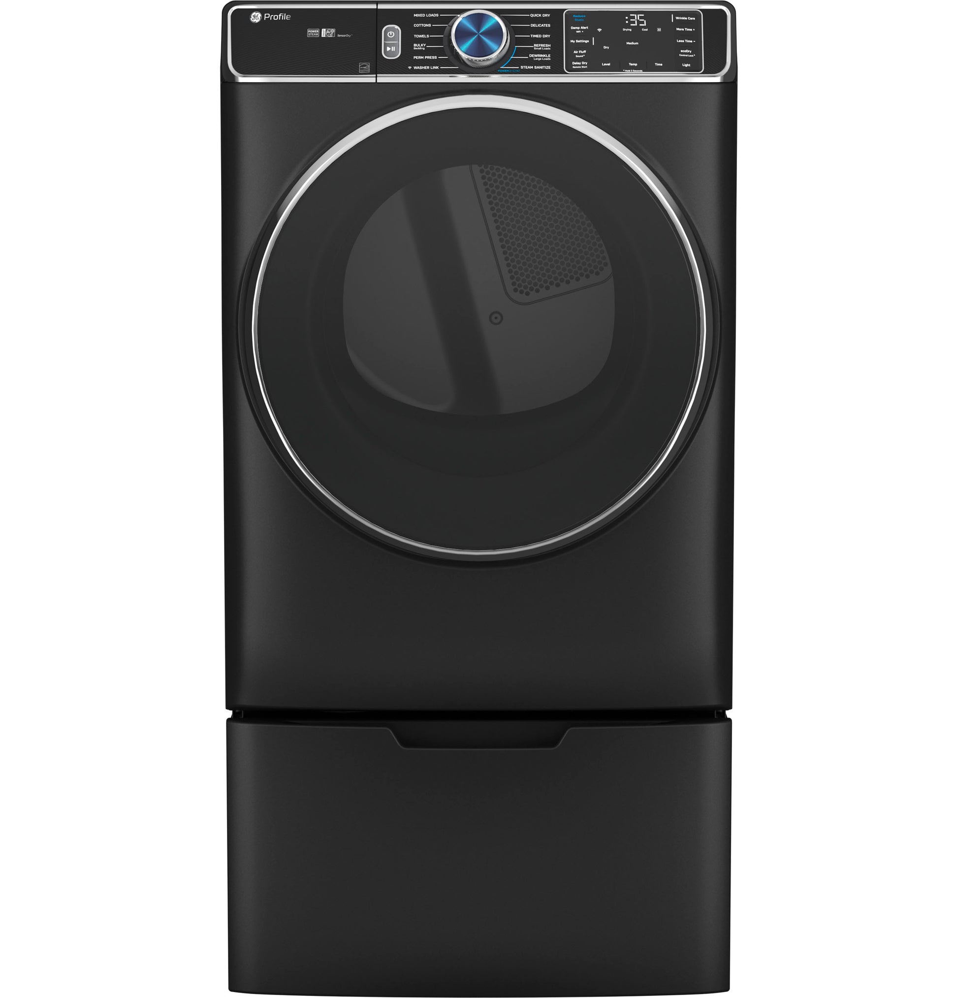 Black front-load dryer with digital controls atop a matching pedestal from Appliance Parts & Accessories collection