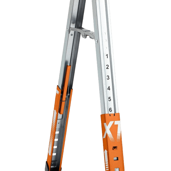Adjustable metal support legs with orange accents and height markings for tools and home improvement use