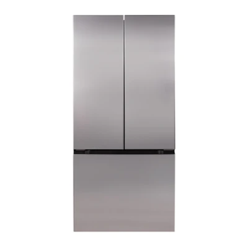 Stainless steel French door refrigerator with freezer drawer, designed for kitchen and appliance use.