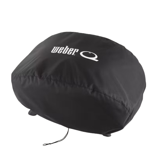 Black weather-resistant grill cover with Weber Q logo, designed for outdoor protection and durability in grill accessories.