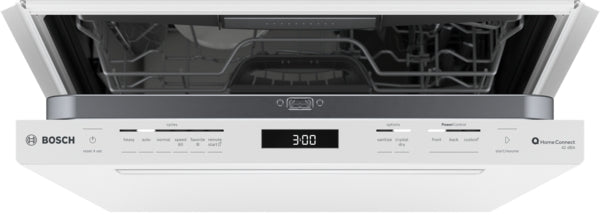 Open white Bosch dishwasher showing digital display and control buttons from kitchen appliances collection
