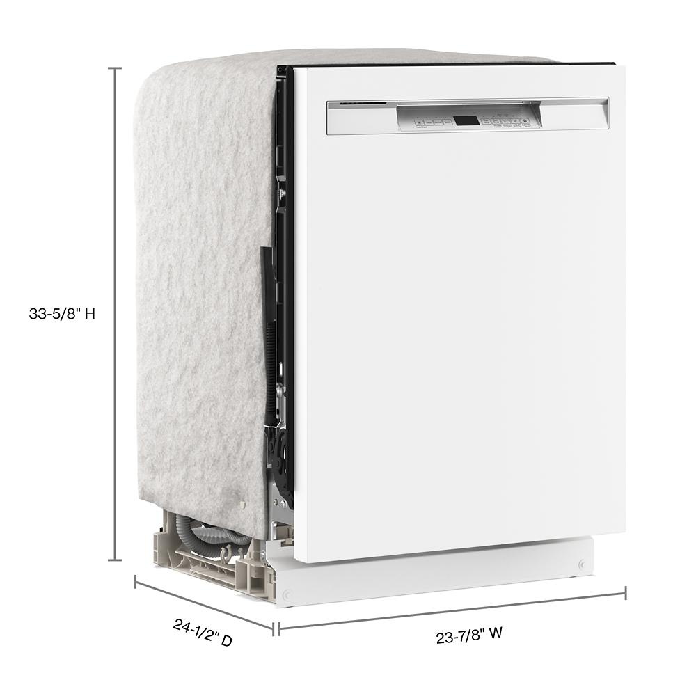 Built-in front control dishwasher with white finish and detailed dimensions for kitchen and appliance collections.