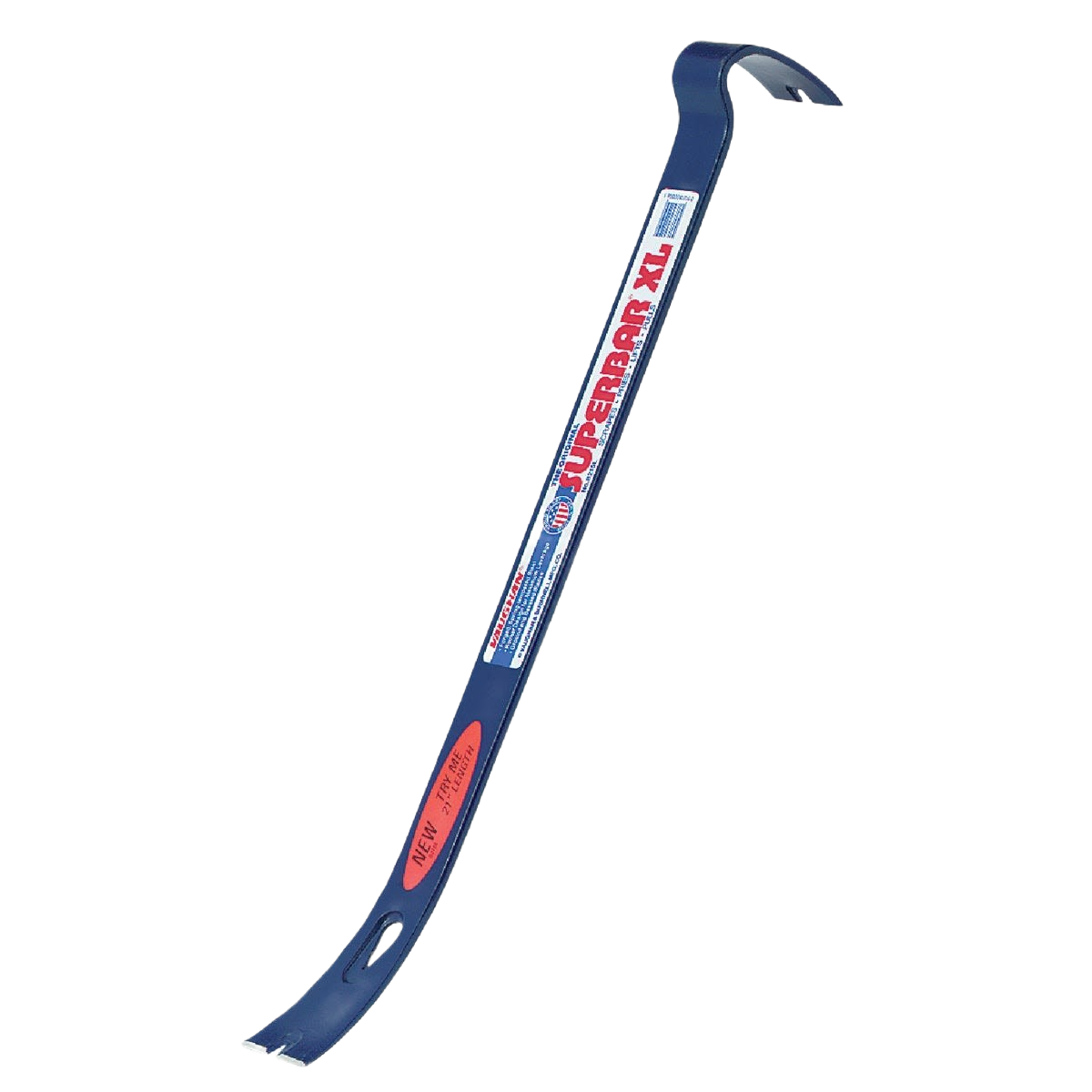 Blue heavy-duty pry bar with curved claw and flat chisel end for demolition and home improvement tasks
