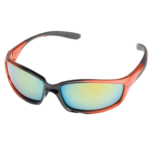 Protective orange and black frame safety glasses with reflective gold mirror lenses for outdoor tool and home improvement use