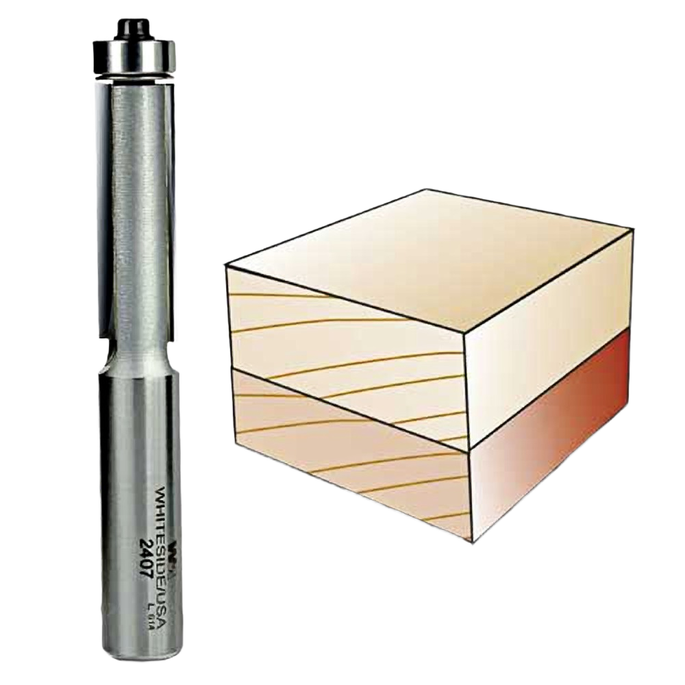 Carbide-tipped Whiteside flush trim bit next to an illustration of layered wood for Tool Accessories and Home Improvement