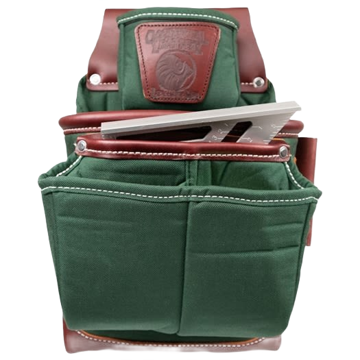Green and brown leather fastener bag with multiple compartments for woodworking tools and workshop organization collections