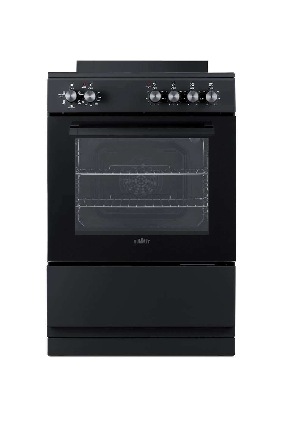 Black electric smooth-top range with front control knobs and clear oven door, suitable for compact kitchens