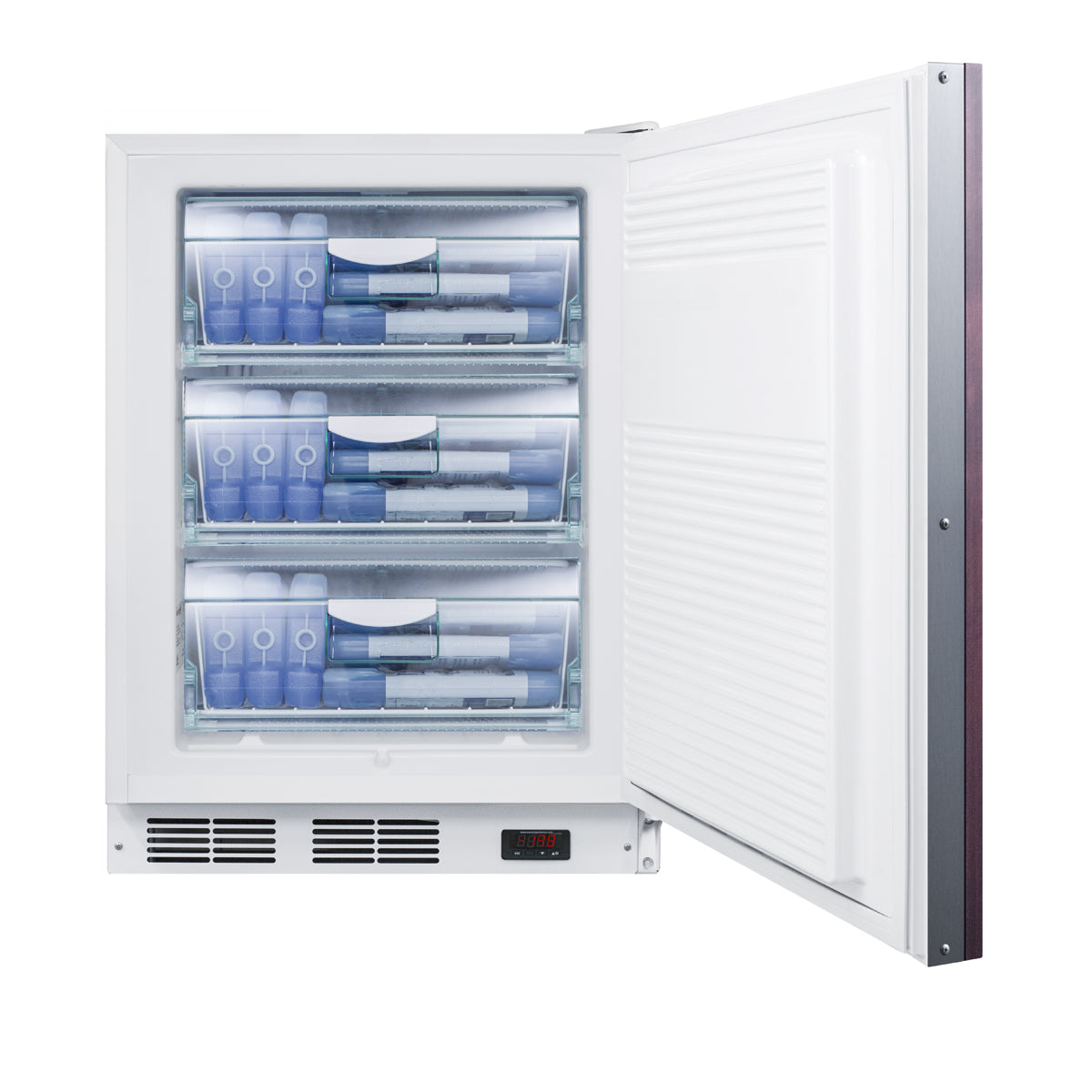 Built-in medical freezer with digital control, three transparent drawers, and white exterior for kitchen and appliance use