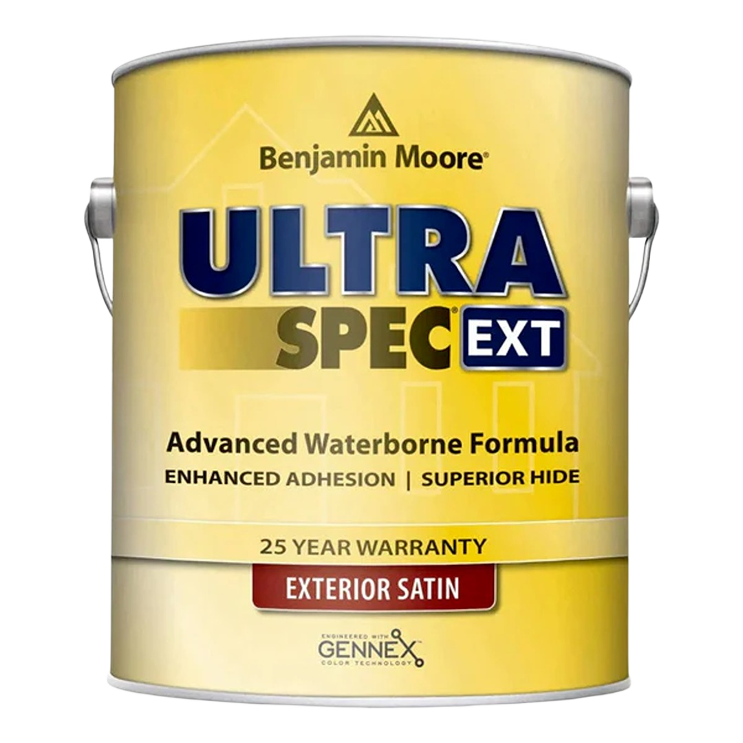 Benjamin Moore exterior satin finish paint can with advanced waterborne formula and 25-year warranty for home improvement
