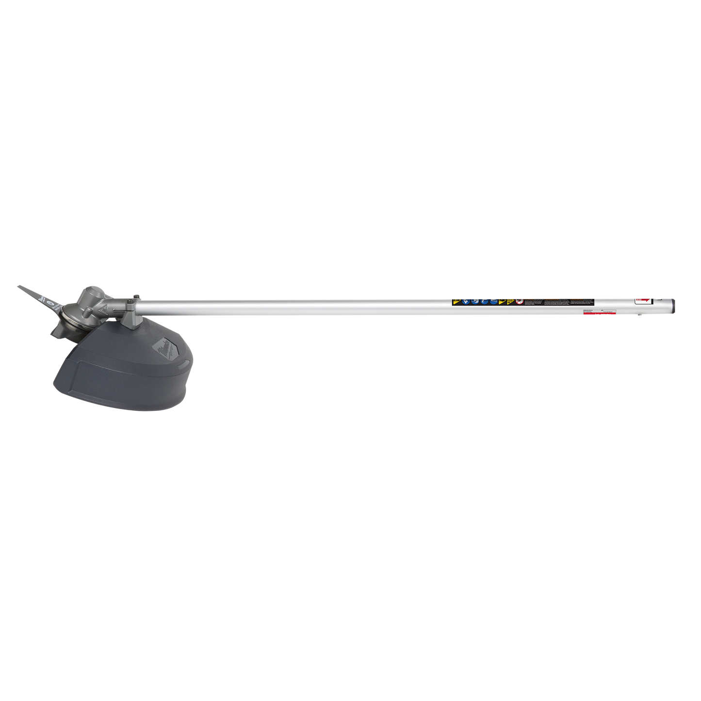 Long metal brush cutter shaft with black protective guard and cutting blade for outdoor tools and home improvement tasks