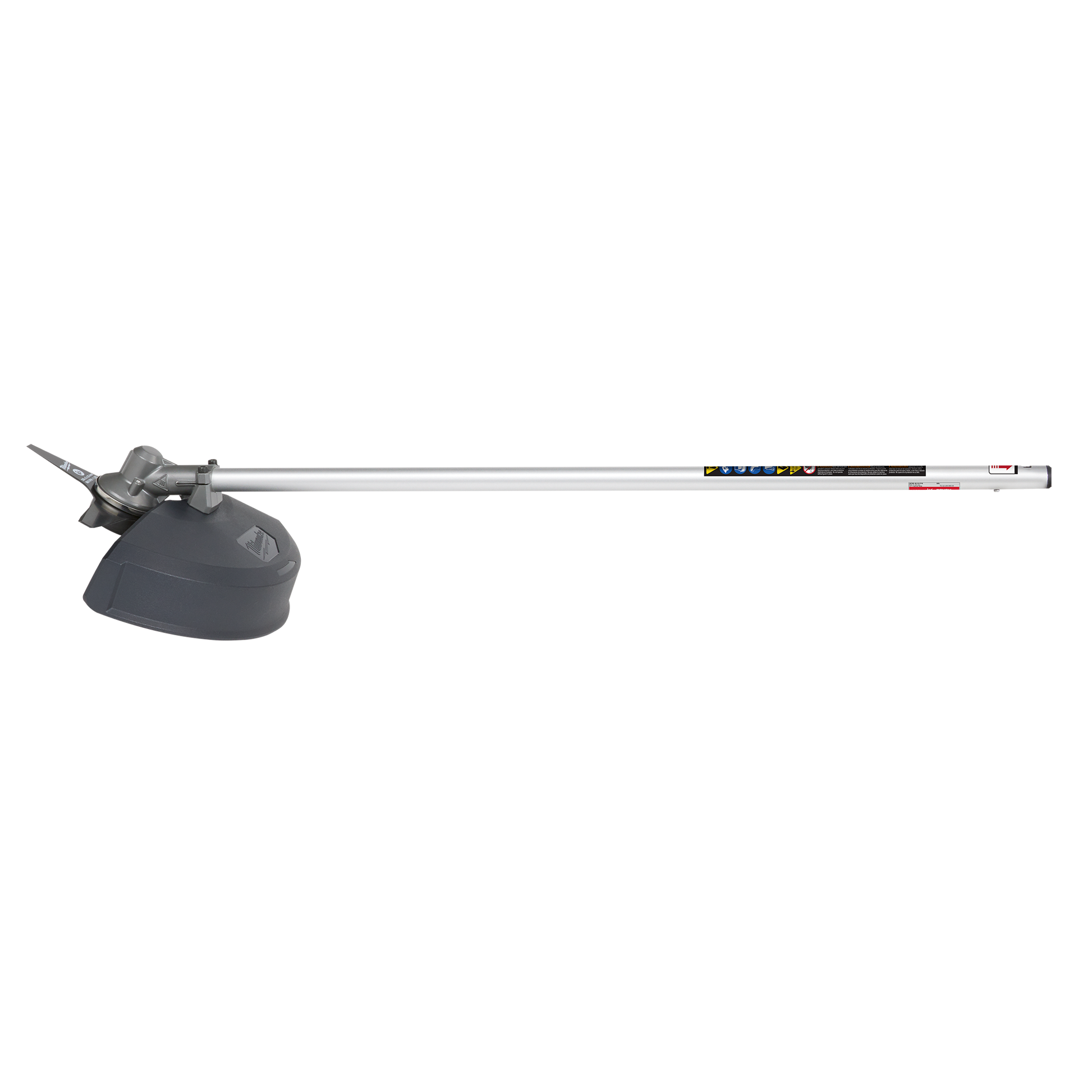 Long metal brush cutter shaft with black protective guard and cutting blade for outdoor tools and home improvement tasks