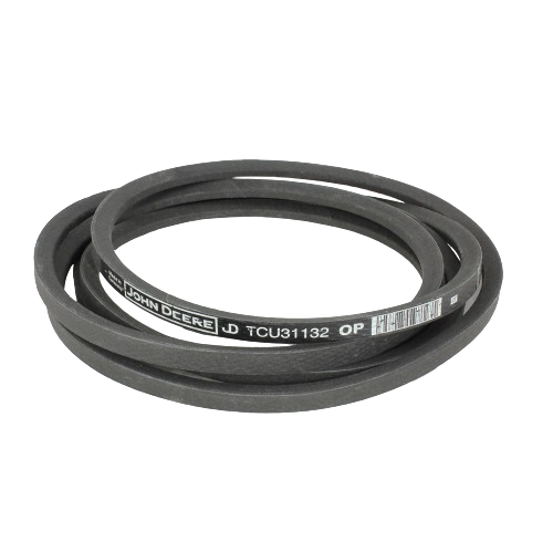 Black rubber mower deck drive V-belt with white branding and model details for tools and home improvement use