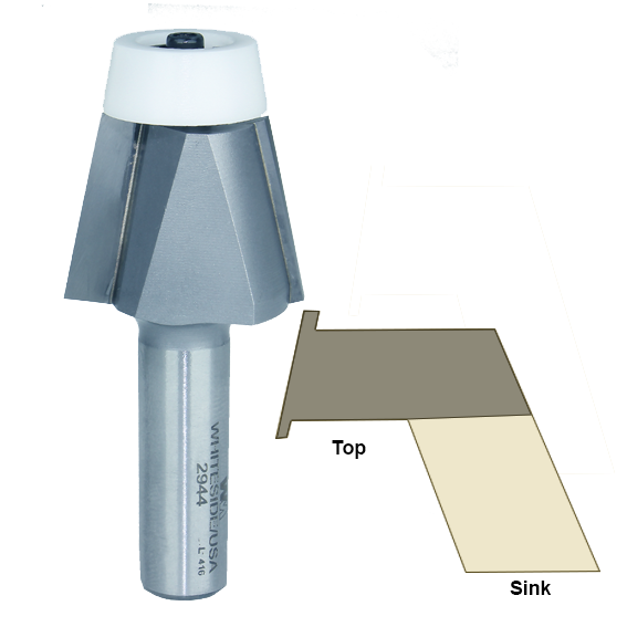 Bevel router bit with 12-degree angle and bearing guide for undermount sink edges in tool accessories collection