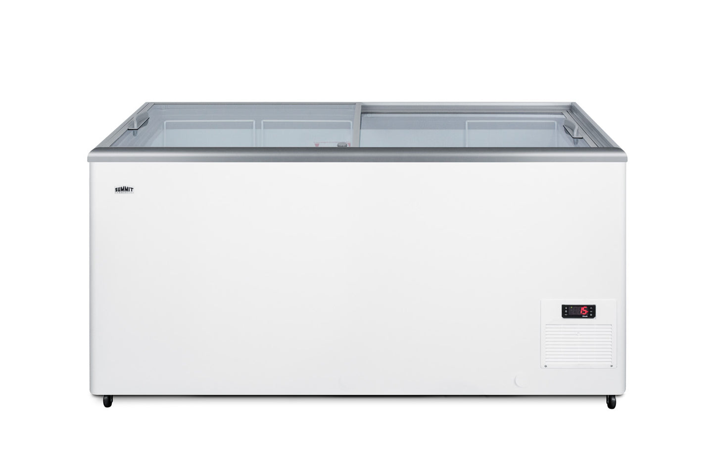 White commercial chest freezer with dual tempered glass lids and digital temperature display from Freezers & Ice Makers collection