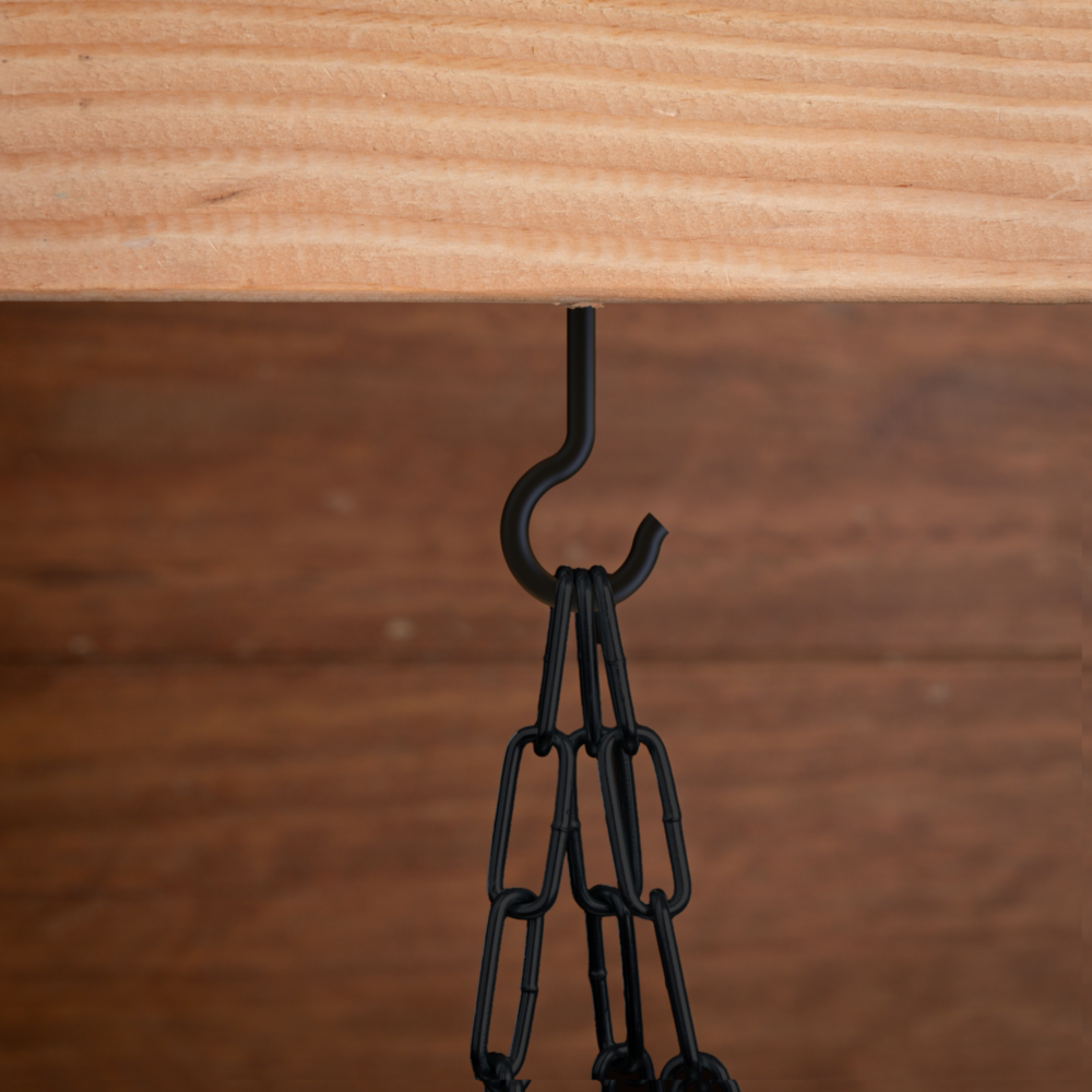 Matte black metal ceiling hook with threaded end supporting hanging chain for storage and organization projects