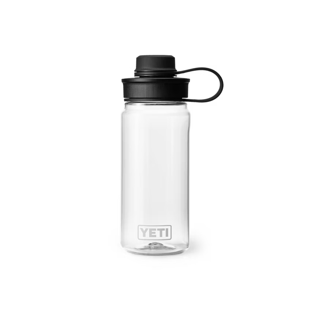 Clear 20 oz water bottle with black tether cap, designed for durable and convenient use in drinkware and kitchenware collections under $50.