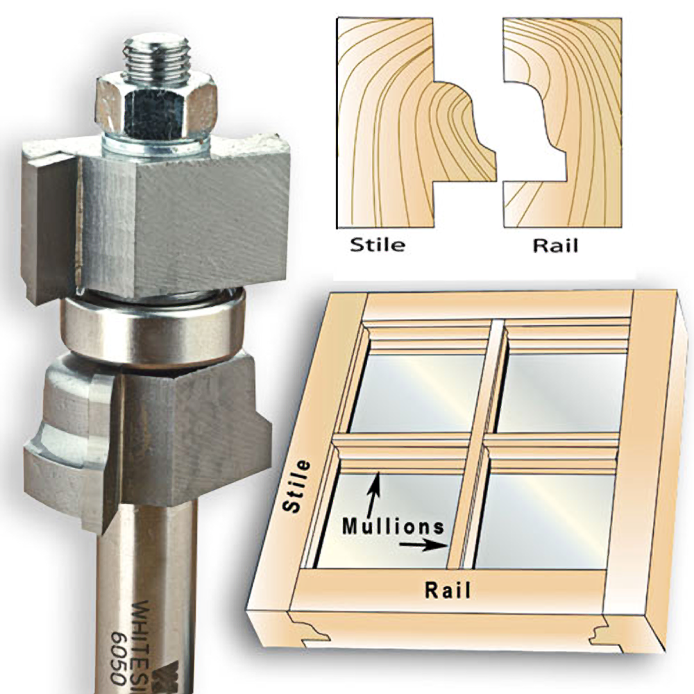 Router bit with bearing guide for crafting window sash profiles in woodworking tool accessories and home improvement collections