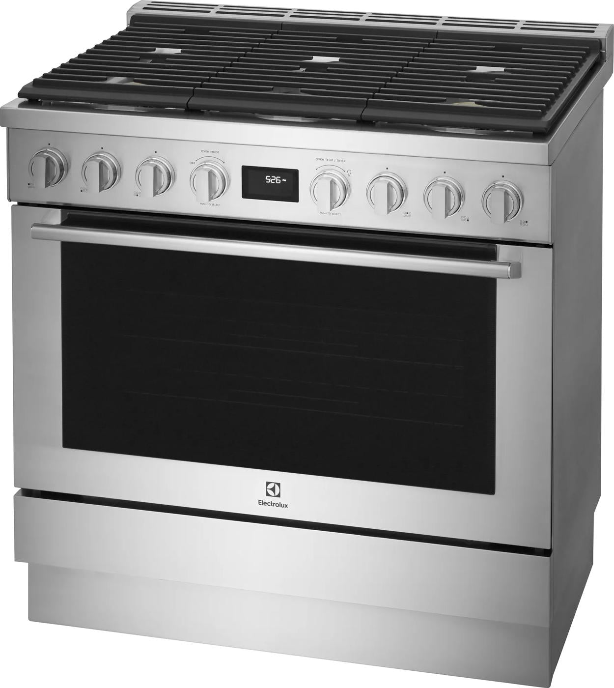 Stainless steel freestanding range with gas burners, electric oven, control knobs, and digital display in kitchen appliance collection
