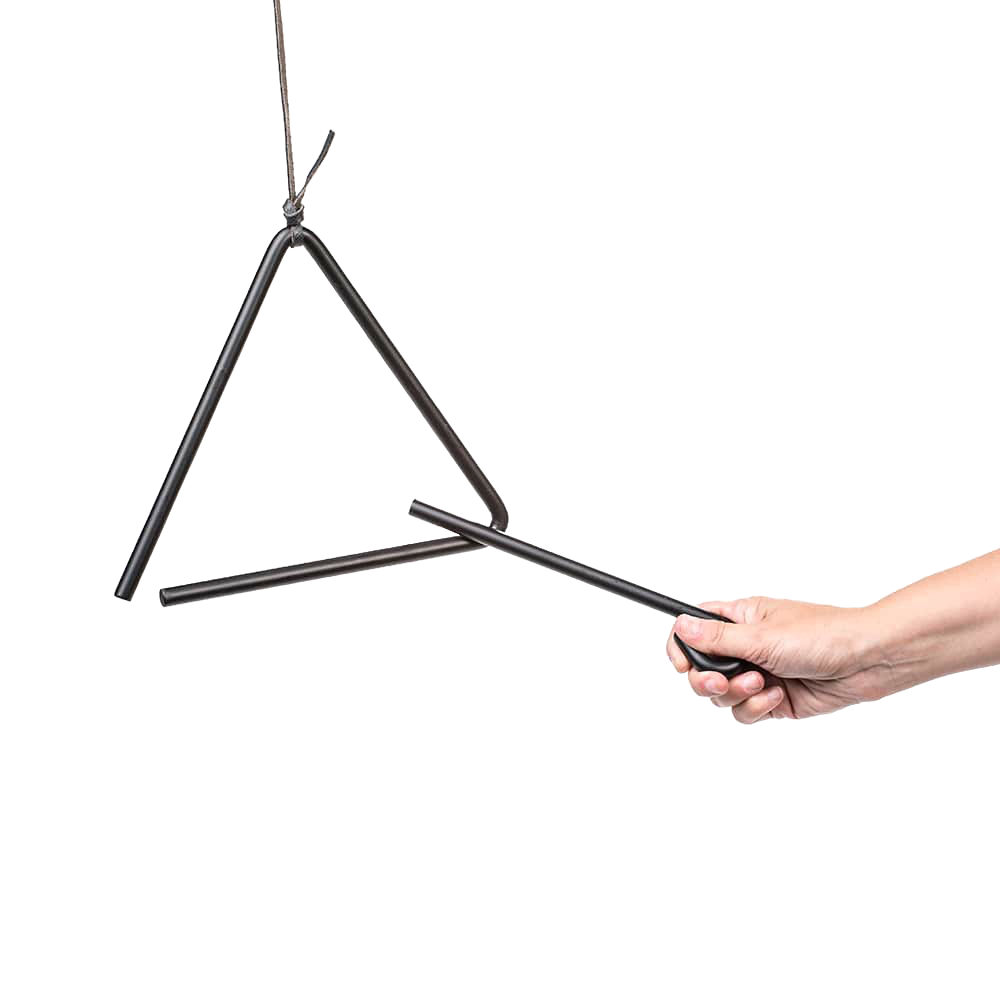 Hand striking metal triangle dinner bell with black handle from Kitchenware and Lodge Cast Iron collections under $50