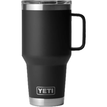 Matte black stainless steel 30 oz travel mug with handle and clear stronghold lid, designed for durable use in drinkware and kitchenware collections.