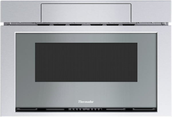 Stainless steel microwave drawer with minimalist front and discreet Thermador logo for modern kitchens and appliances collections