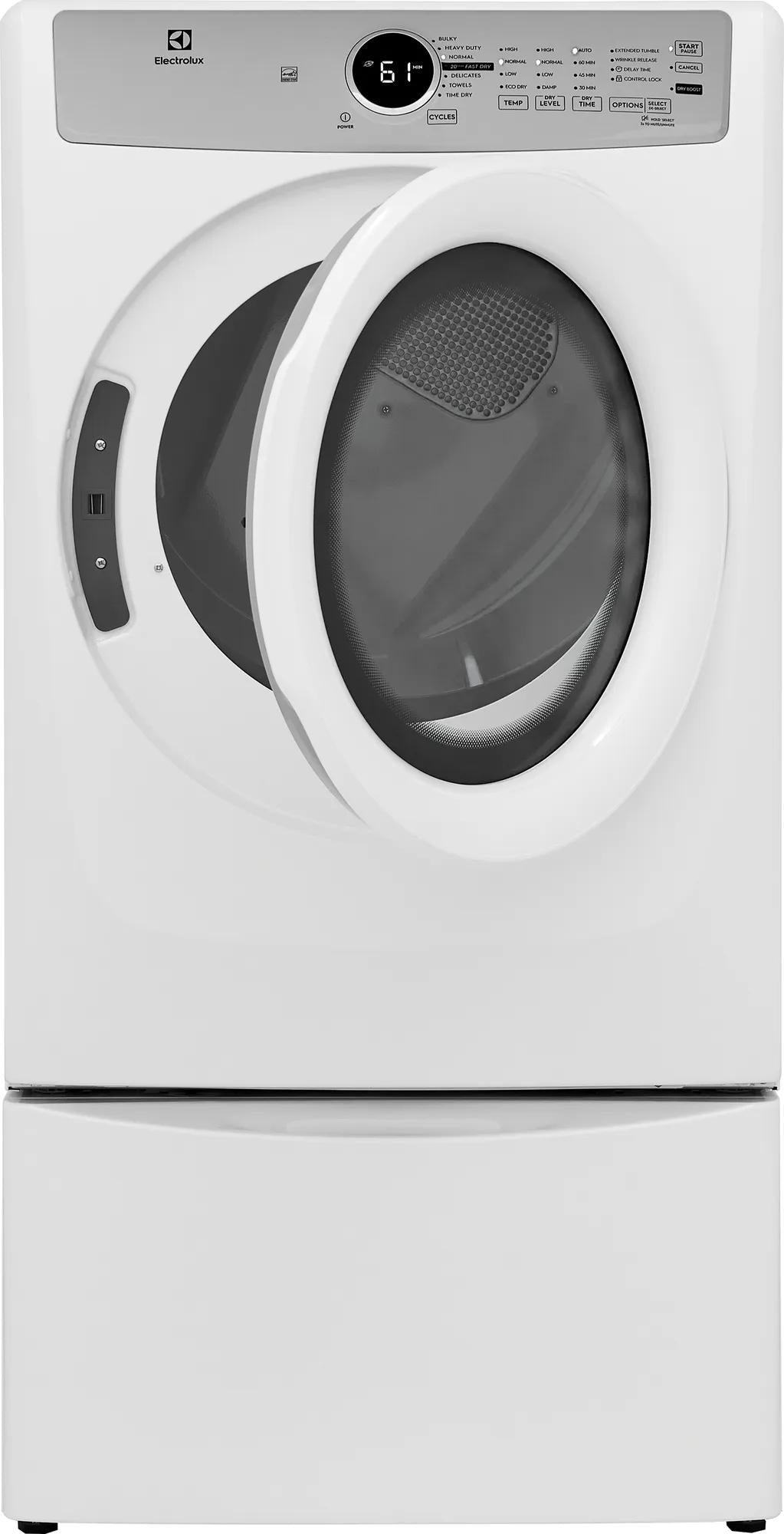 White front load gas dryer with open door and digital display panel from Dryers, Appliances, and Washers & Dryers collections