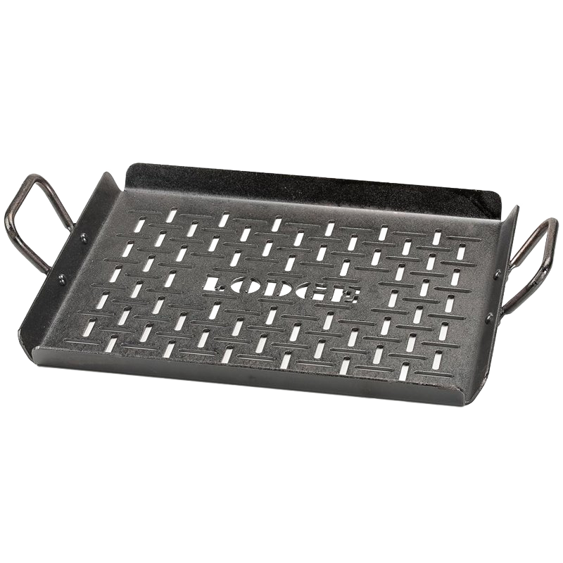 Rectangular cast iron grilling pan with ventilation slots and two side handles for kitchenware and cooking tools.