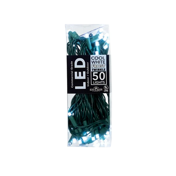 Packaged set of 50 cool white frost twinkle LED lights with green wiring for indoor and outdoor holiday decorating