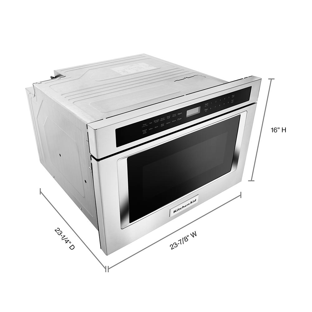 Stainless steel built-in microwave drawer with digital control panel and clear glass door for kitchen appliance installation