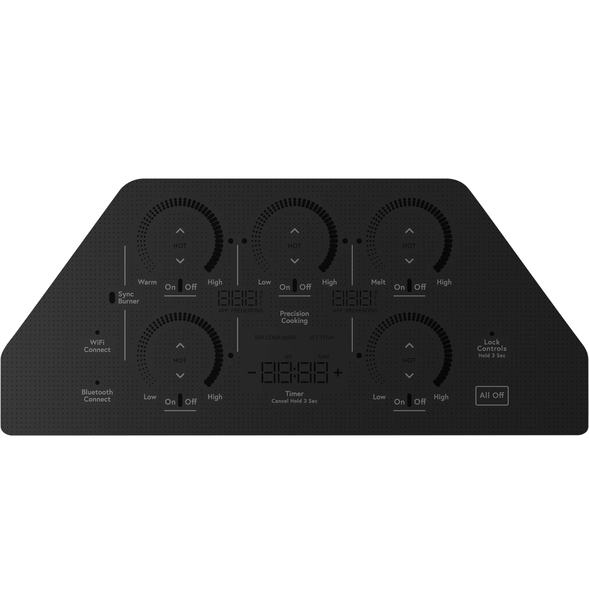 Touch control panel for black built-in induction cooktop with timer, WiFi, Bluetooth, and lock features in Cooktops collection