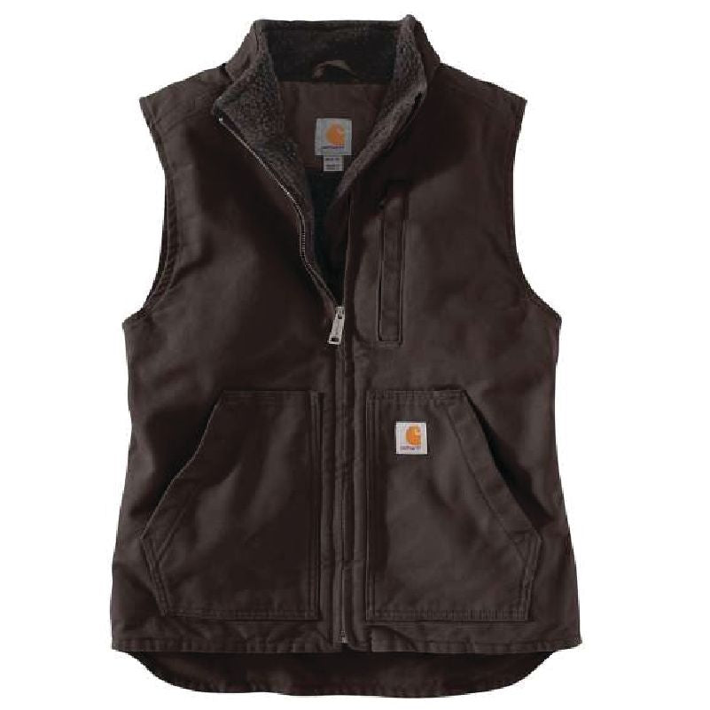 Dark brown insulated work vest with sherpa lining and front zipper designed for outdoor durability and warmth