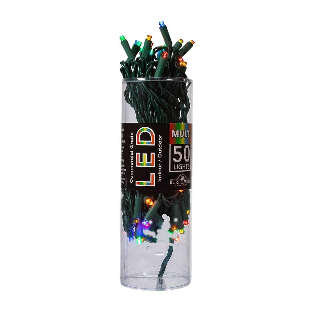 Multi-colored LED Christmas light set with 50 wide angle lights on green wire for indoor and outdoor use