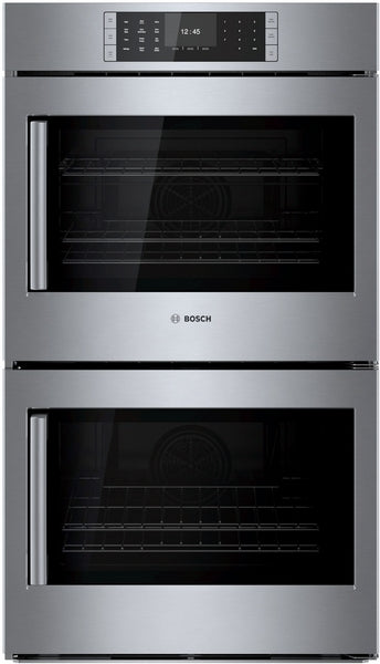 Stainless steel Bosch double wall oven with digital touch control panel, designed for modern kitchen appliances and home improvement