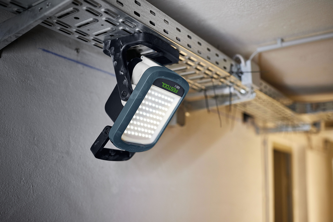 Cordless Festool Syslite work light mounted on metal framework for flexible lighting in work lights and flashlights collections