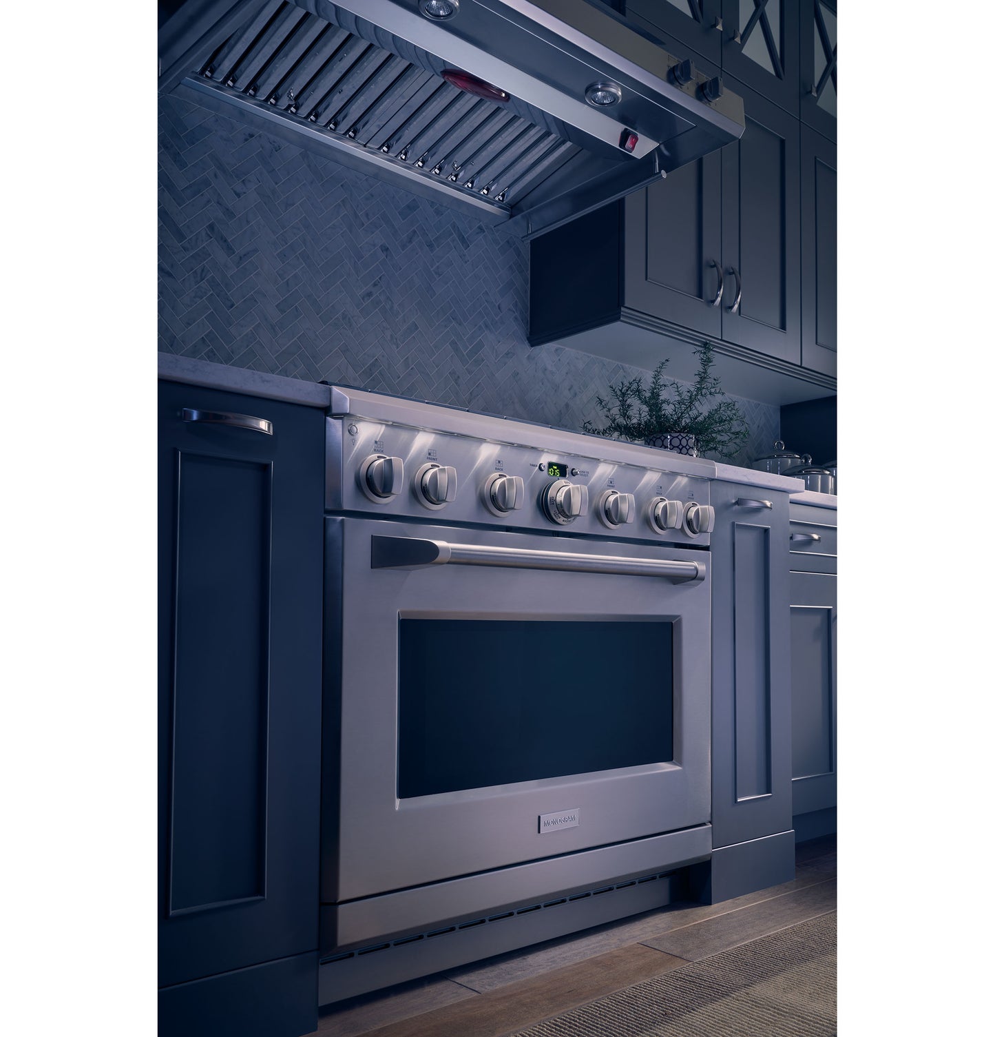 Professional stainless steel range oven with multiple control knobs below stainless steel vent hood in kitchen setting